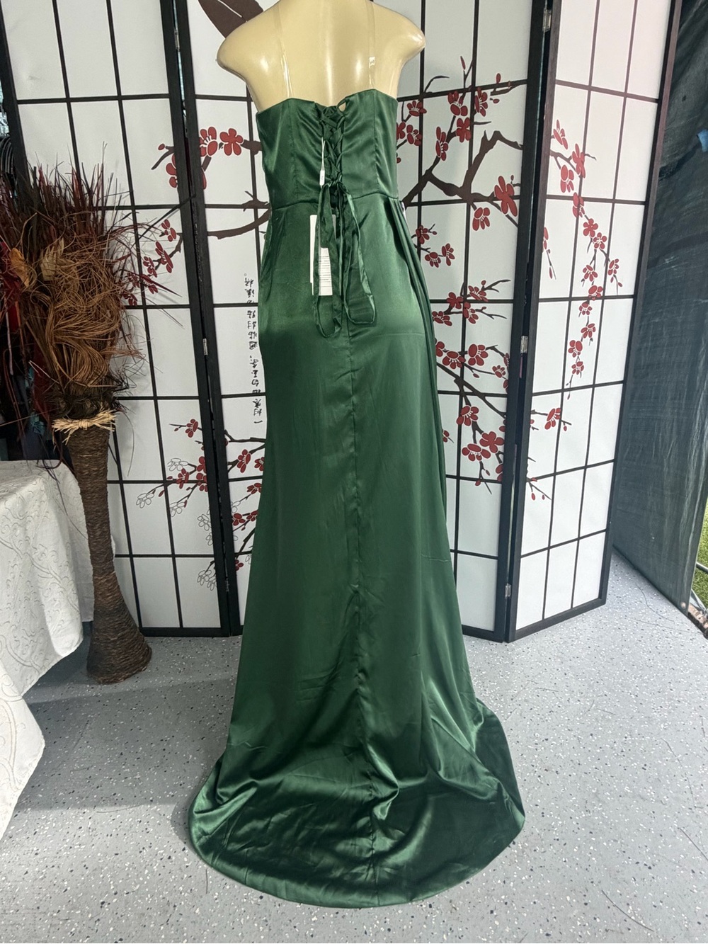 Beaded Emerald Green Satin Prom Gown - Picture 4 of 9